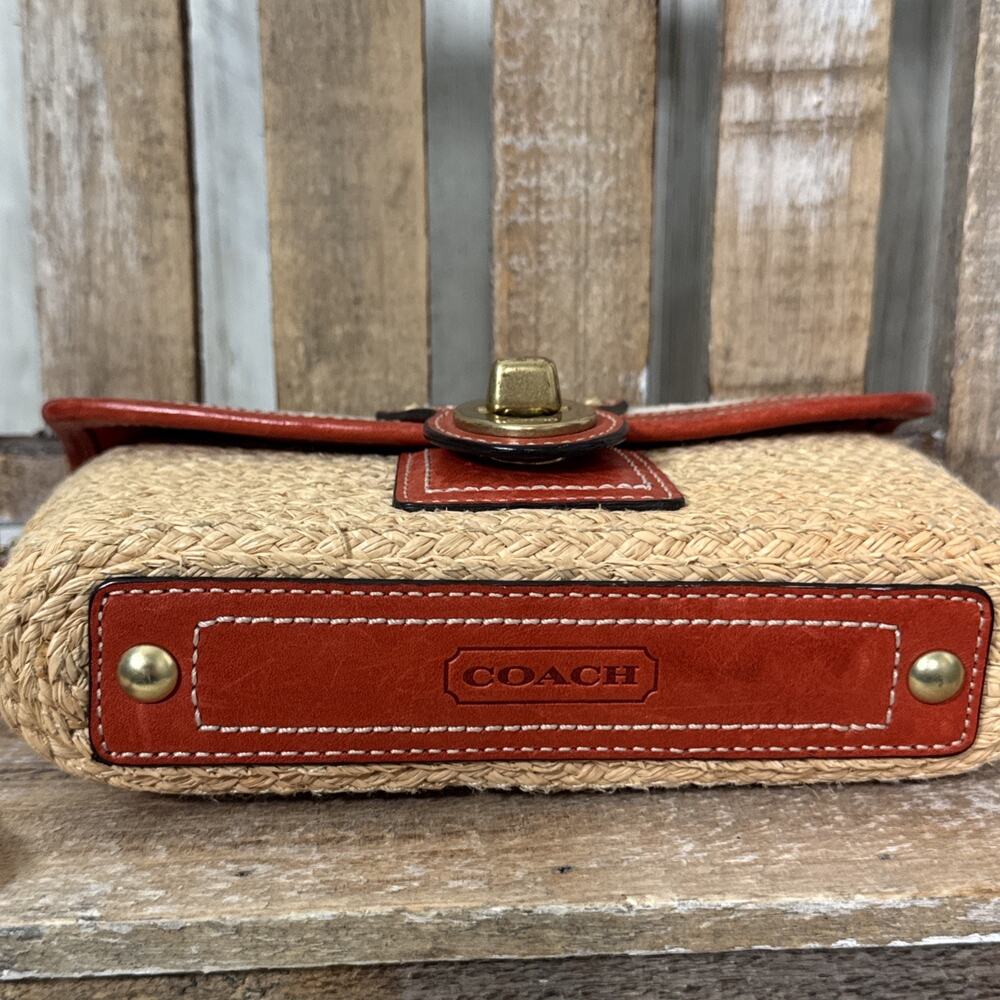 Coach Straw Leather Burnt Red Clutch Wristlet With Turnlock - Picture 3 of 12